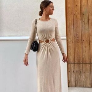 Zara Cream Ruched Bodycon Dress Long Sleeve